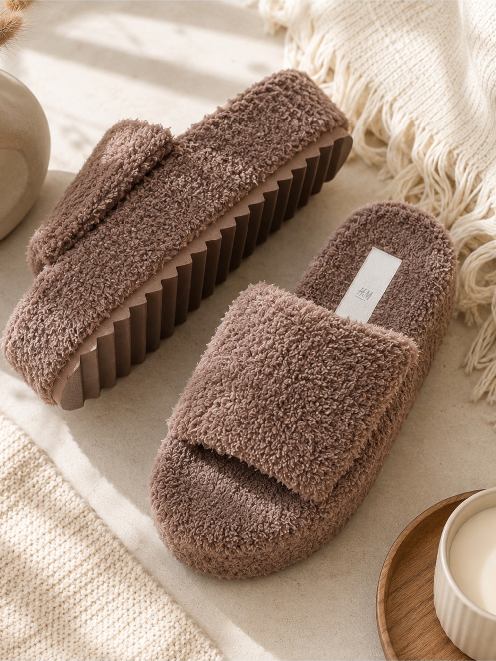 H&M Brown Teddy Platform Slide Slippers Size 7 Cozy Fuzzy House Shoes